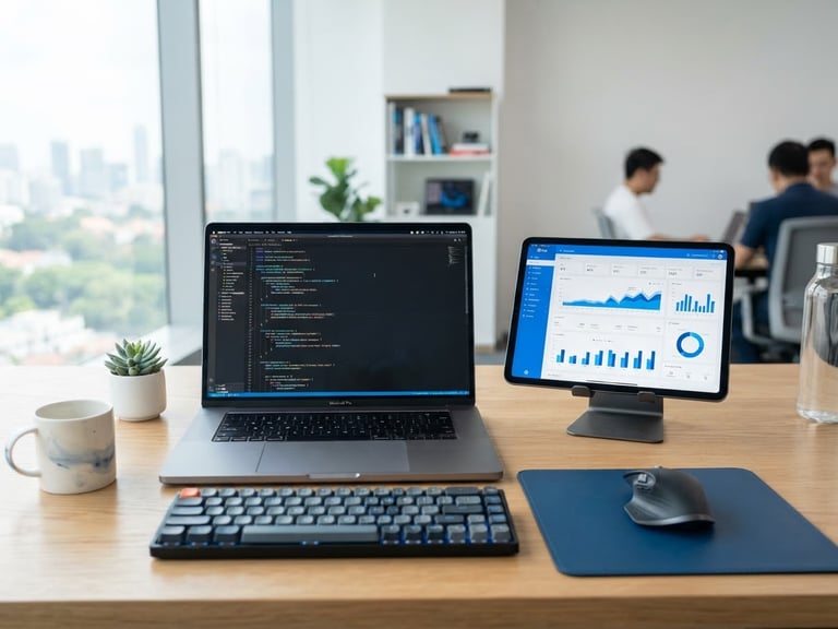 Clean tech photography of a modern sleek workspace with a laptop displaying clean code, a tablet showing store metrics, bright natural daylight, crisp blue accents