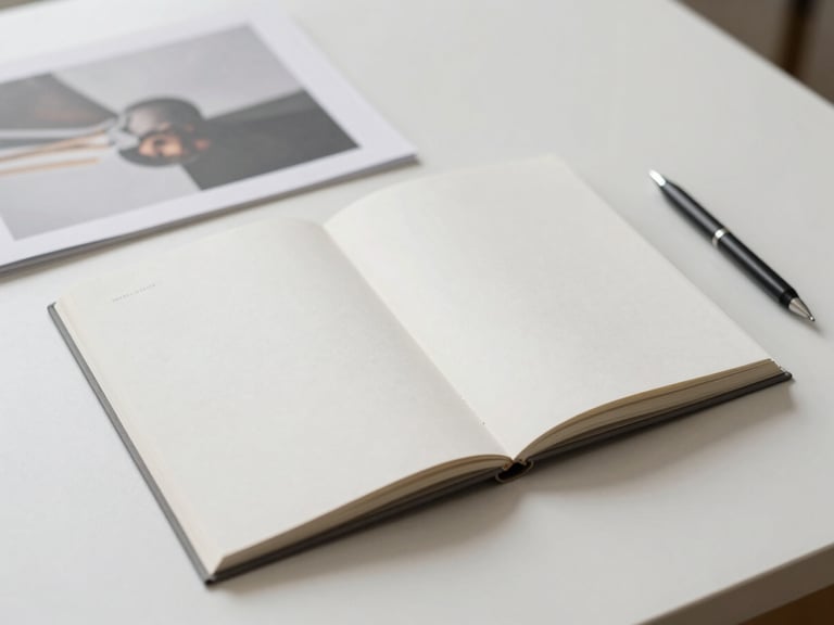 Minimalist mockup of a brand guideline document open on a clean desk, with a pen and a fine art print, soft daylight.