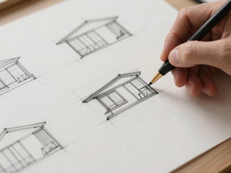 Hands sketching detailed architectural design concepts on tracing paper, studio light, macro shot.