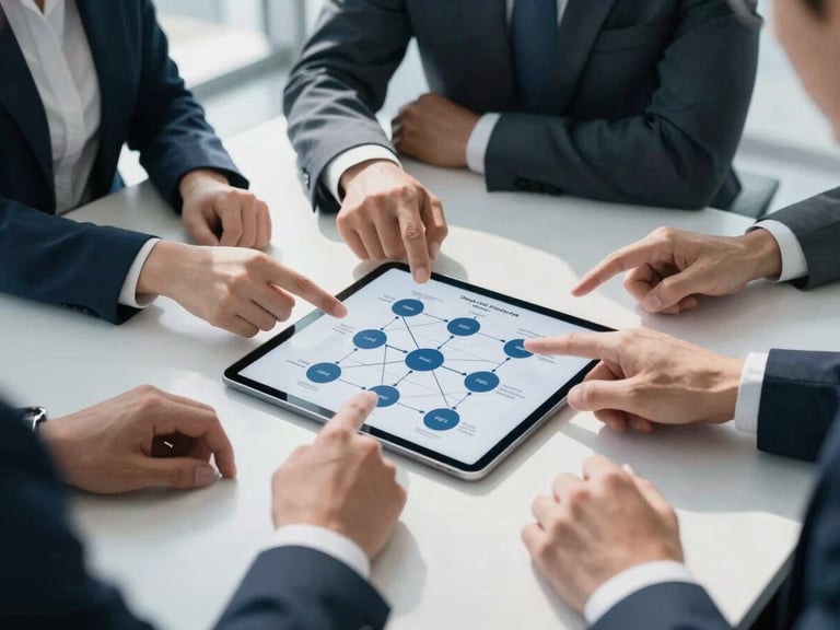 Collaborative team meeting around a large tablet displaying a strategic roadmap, hands pointing to projections, modern sunlit corporate workspace, cool blue and slate tones, sharp focus, professional corporate setting, 35mm