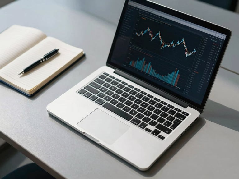 Overhead view of a modern desk with a laptop displaying financial charts, a notebook, and a pen, bright natural daylight, cool blue and slate tones, sharp focus, professional corporate setting, 35mm