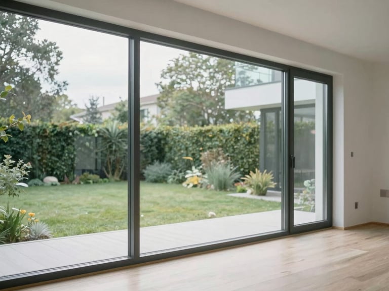 A modern residential home interior flooded with natural light through clean glass windows, looking out to a green garden, Scandinavian design.