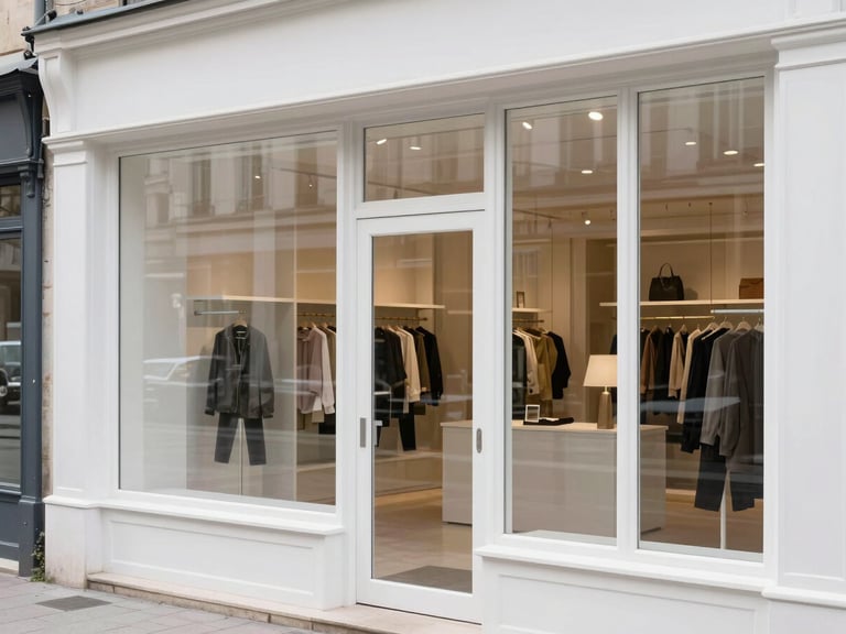 A bright Scandinavian-style boutique storefront in Rouen with perfectly clean, reflective glass windows, soft overcast daylight, minimal reflection.