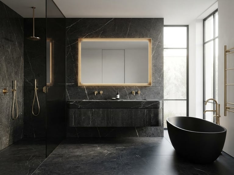 Straight-on architectural elevation of a luxury master bathroom, flawless tile joints, brushed gold fixtures against dark stone, soft natural lighting.