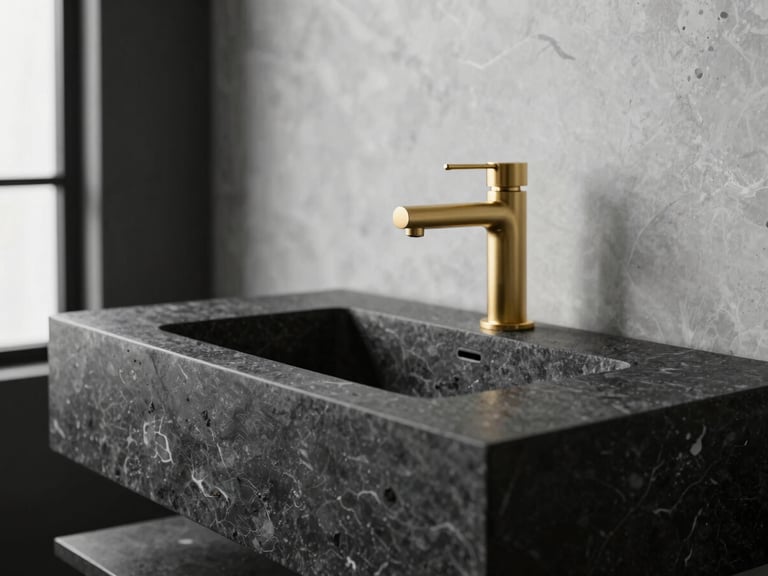 Close-up of a monolithic floating stone vanity, brushed gold faucet, high-contrast charcoal and alabaster background, soft natural side light