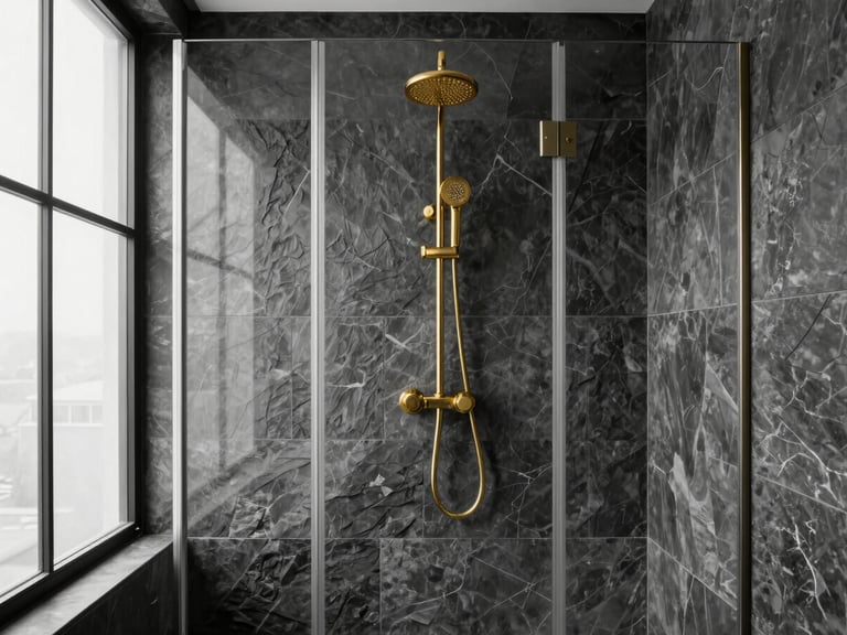 Straight-on architectural elevation of a luxury zero-threshold shower, seamless glass enclosure, dark slate tiles, brushed gold shower head, 35mm
