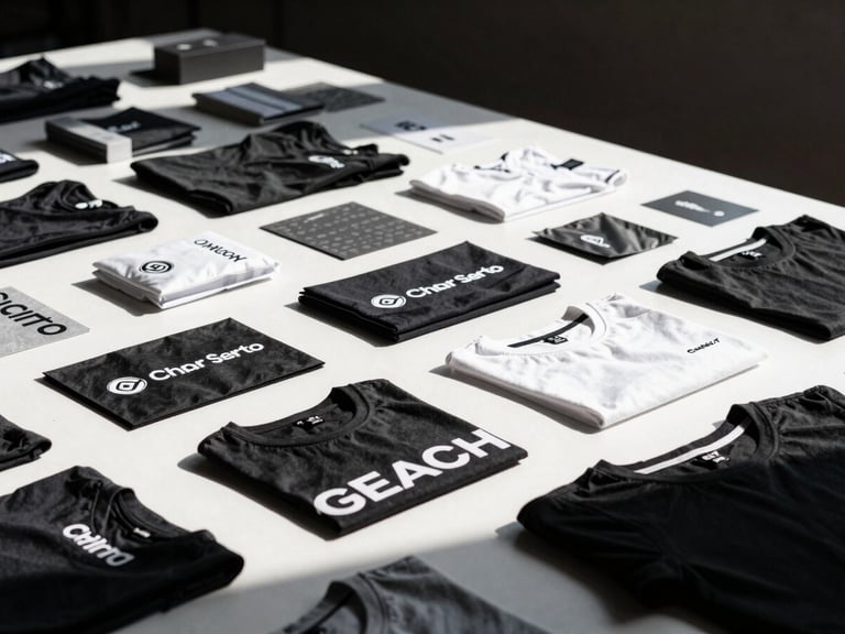 Crisp studio shot of high-quality custom corporate merchandise, including branded apparel and packaging, illuminated by dramatic side lighting