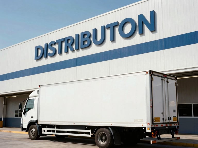 Low-angle wide shot of a newly wrapped logistics truck parked next to a distribution center with matching architectural signage
