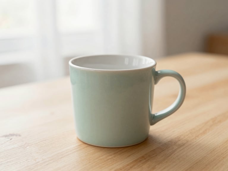 Close-up of a clean, minimalist ceramic mug on a light wooden table, with soft morning light, warm editorial photography, soft diffused window light, muted mint and beige tones, shallow depth of field, 35mm