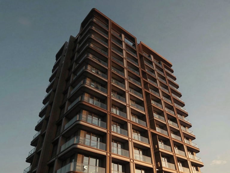 Cinematic low-angle drone shot of a modern luxury residential building facade in Istanbul during golden hour, bronze steel accents, glass balconies, dramatic lighting