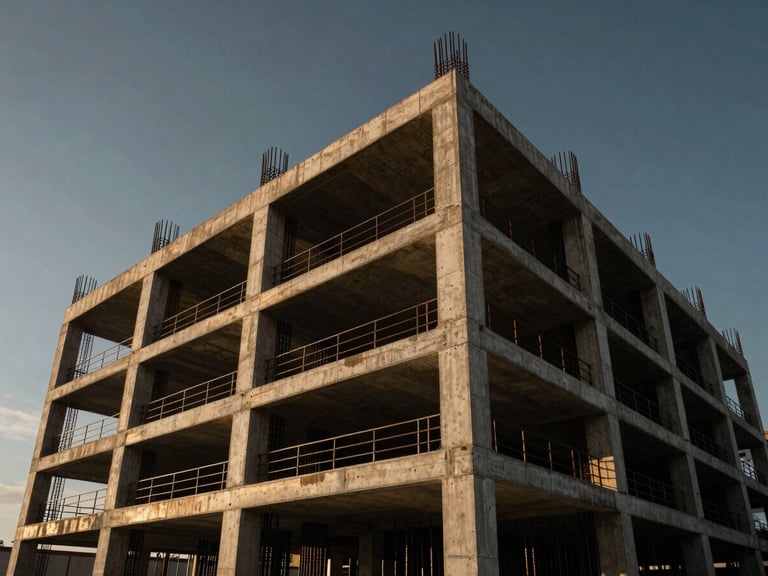 Cinematic low-angle architectural shot of a modern reinforced steel and concrete residential foundation, dramatic golden-hour lighting, high contrast