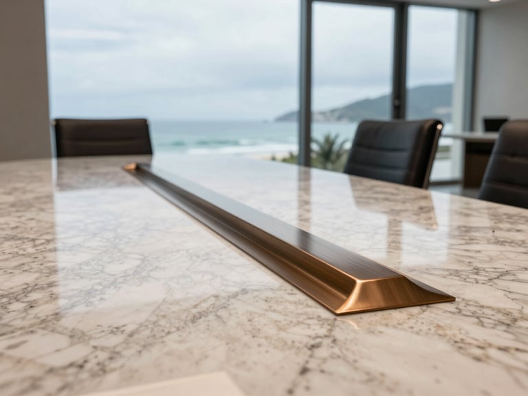 Close-up of a luxury corporate meeting room with travertine marble table, brushed bronze details, looking out to the Balneário Camboriú ocean through large glass windows, overcast soft light