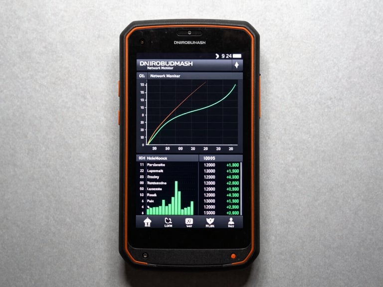 High-contrast screenshot of DNIROBUDMASH Network Monitor app interface on a rugged Android device, displaying network graphs and data usage, monospaced font, harsh industrial lighting, safety orange accents, macro lens, flat lay.