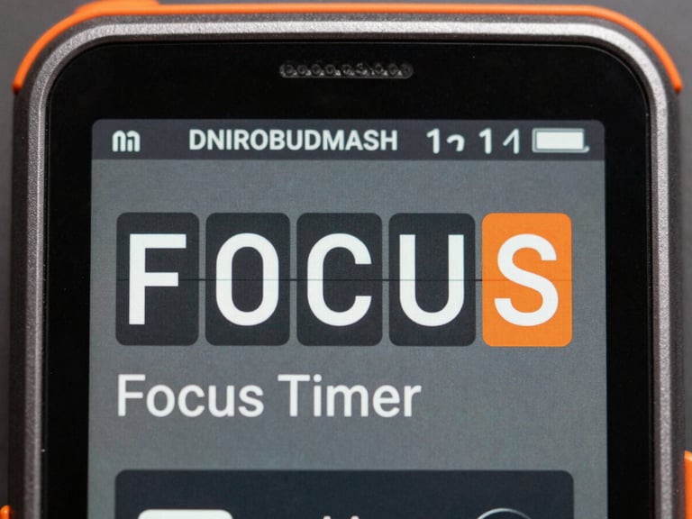 Close-up macro shot of DNIROBUDMASH Focus Timer app interface on a rugged Android device, showing a countdown, monospaced font, harsh fluorescent lighting, desaturated metallic tones, safety orange accents, flat lay.