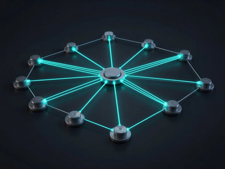 A wide, structured technical diagram of a multi-agent routing system on a dark screen, glowing cyan connection lines, clean minimalist UI, low-key lighting.