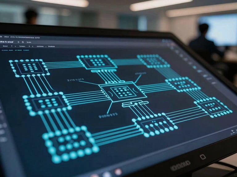 Macro close-up shot of a complex system architecture diagram on a high-resolution screen. Precise cyan data-lines and node connections glow in sharp focus. Deep shadows, modern collaborative corporate war-room in the soft-focus background.