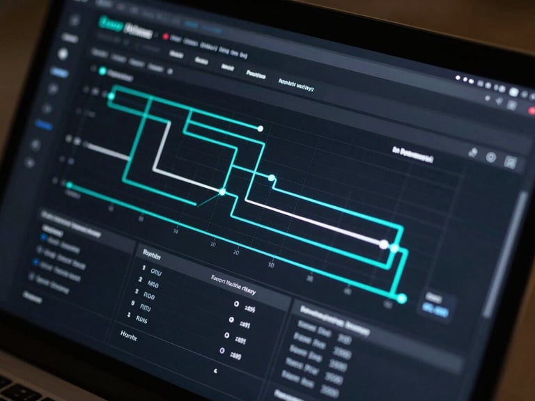 Close-up macro shot of a dark-mode enterprise software dashboard showing real-time pipeline routing charts, neon cyan data lines, sharp screen-glow highlights, low-key lighting, deep shadows