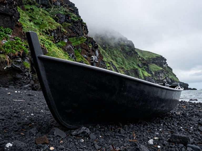 A close-up, high-contrast shot of a heavy black zodiac boat resting on the rocky, volcanic shoreline of a remote island, with a steep, green cliffside rising into the mist behind it.