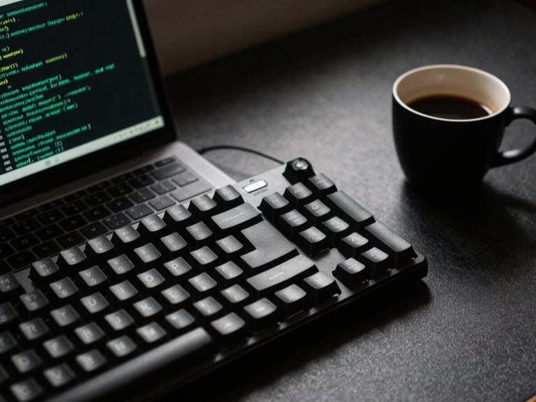 Tight macro shot of a clean dark workspace, a mechanical keyboard, code on a laptop screen reflecting terminal green, and a single-origin espresso in a matte black cup under sharp directional window light.