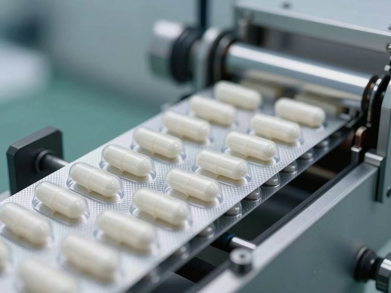 Extreme close-up of automated blister packaging line in a GMP-certified pharmaceutical cleanroom, cool clinical lighting, sharp focus on silver foil and white capsules, sterile environment.