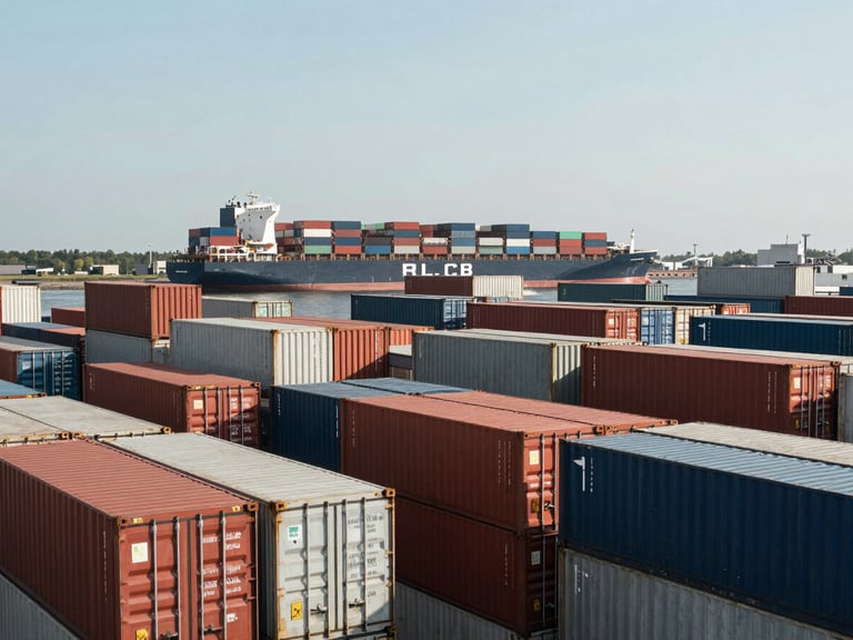 Wide panoramic shot of organized shipping containers stacked at a deep-water port in Rotterdam during daylight, high-contrast natural light, massive cargo ship on the horizon, industrial precision.