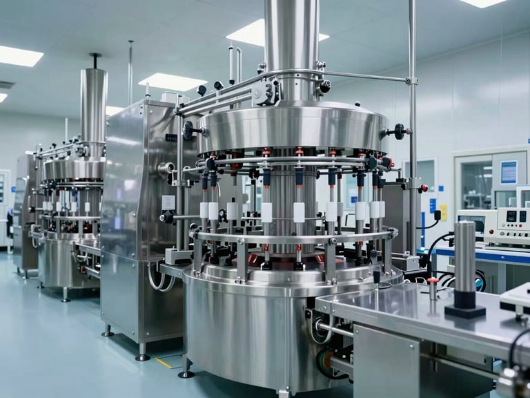 Wide architectural shot of a high-tech pharmaceutical cleanroom with automated bottling lines, clinical stainless steel machinery, bright cool lighting.