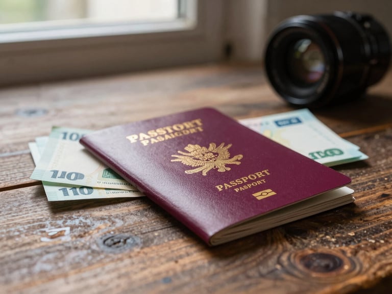 Primer plano de un pasaporte abierto y billetes de avión sobre una mesa de madera rústica, iluminados por luz natural suave de una ventana.