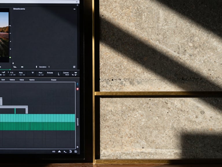 Symmetrical flat lay composition, hard architectural shadows, dramatic side-lighting. A split-screen showing a digital video editing timeline on the left and a raw concrete wall with brass accents on the right, 35mm