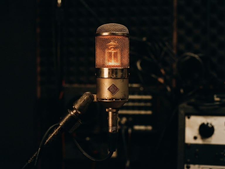 Close-up of a vintage tube microphone glowing with warm amber light in a dark recording studio, deep shadows, high-contrast analog texture, 35mm film