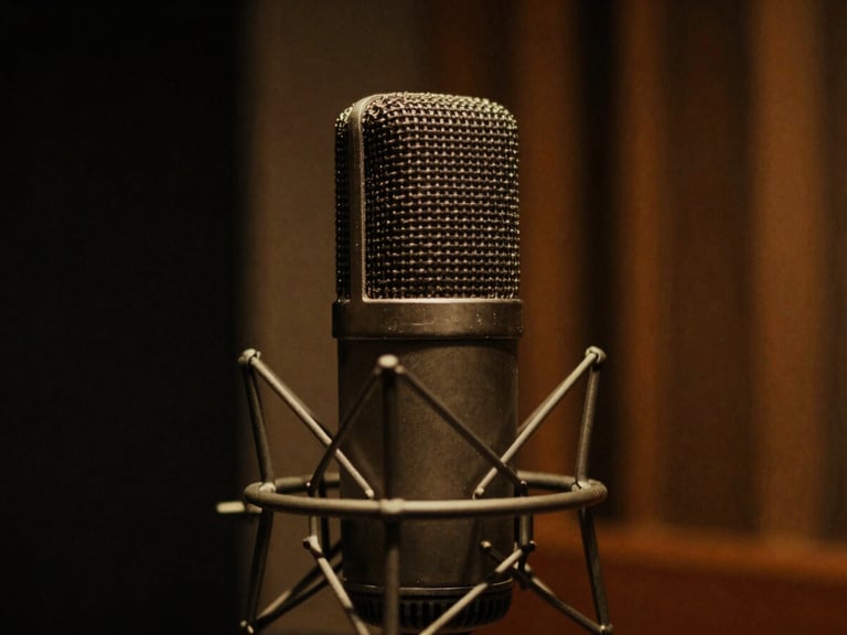 Close-up of a vintage condenser microphone in a dark recording booth, warm amber light from behind, deep shadows, analog texture.