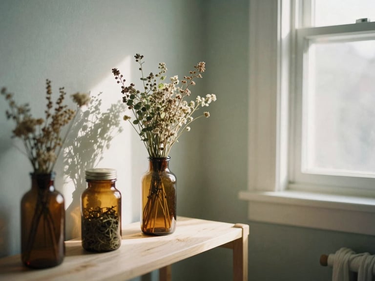 A quiet, sunlit nursery corner with dried herbs in amber jars on a wooden shelf, soft morning window light, muted sage and linen tones, shallow depth of field, 35mm film.