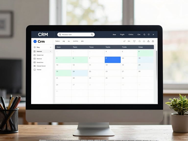 Tight, functional desktop flat-lay showing a modern CRM calendar dashboard with active booking slots, bright natural office light, professional workspace.