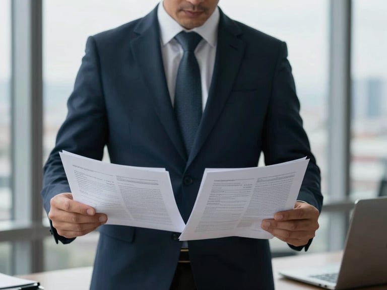 Primer plano de un abogado corporativo analizando folios financieros detallados en una oficina de Bogotá, luz diurna fría y difusa, bolígrafo de precisión sobre papel satinado, tonos azulados y grises, enfoque nítido, 35mm