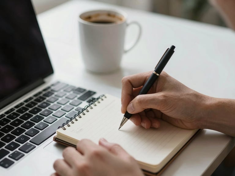 Close-up of hands writing notes in a small notebook beside an open laptop, soft north-facing daylight from the left, a half-empty coffee cup visible in the background, calm and focused desk environment