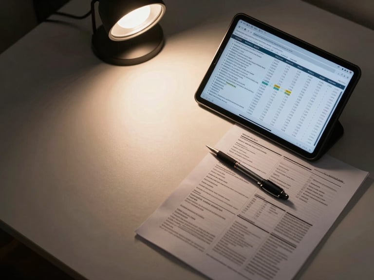 Overhead process shot of a clean desk with a tablet showing a financial summary screen, a mechanical pencil resting across a printed report, warm ambient studio light from above, lots of negative space on the left side