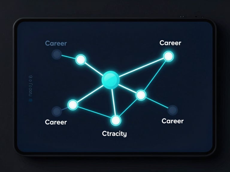 High-fidelity UI mockup of a career trajectory node graph on a dark screen, glowing electric cyan connections, deep midnight blue background, landscape aspect