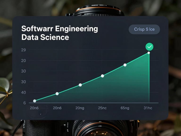 Crisp UI mockup of a career trajectory chart comparing software engineering and data science, showing starting salaries, growth curves, and mentor validation checkmarks, cool-toned dark mode interface