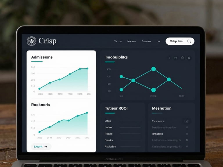 Crisp UI mockup of a college application dashboard on a dark screen, showing admission probability charts, tuition ROI graphs, and cyan node lines connecting majors to careers.