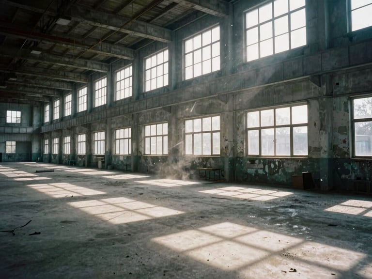 Wide documentary film still: a decommissioned factory floor, shafts of natural light cutting through high clerestory windows, dust particles suspended mid-air, long shadows striping the concrete — available light, no crew visible, absolute stillness