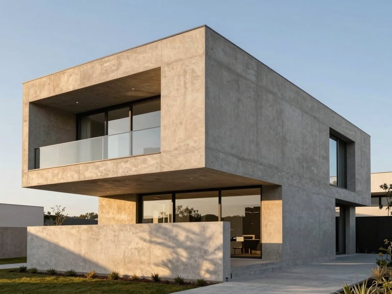 Cinematic architectural photography of a luxury modern concrete villa at golden hour, sharp geometric composition, high-end editorial style