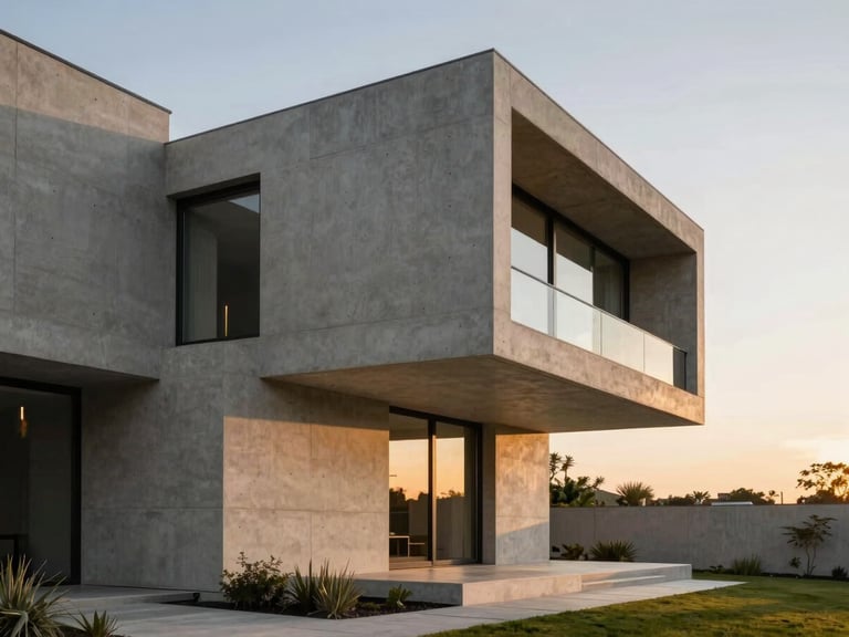 Cinematic architectural photography of a modern luxury concrete villa at sunset, clean geometric lines, high-end editorial style