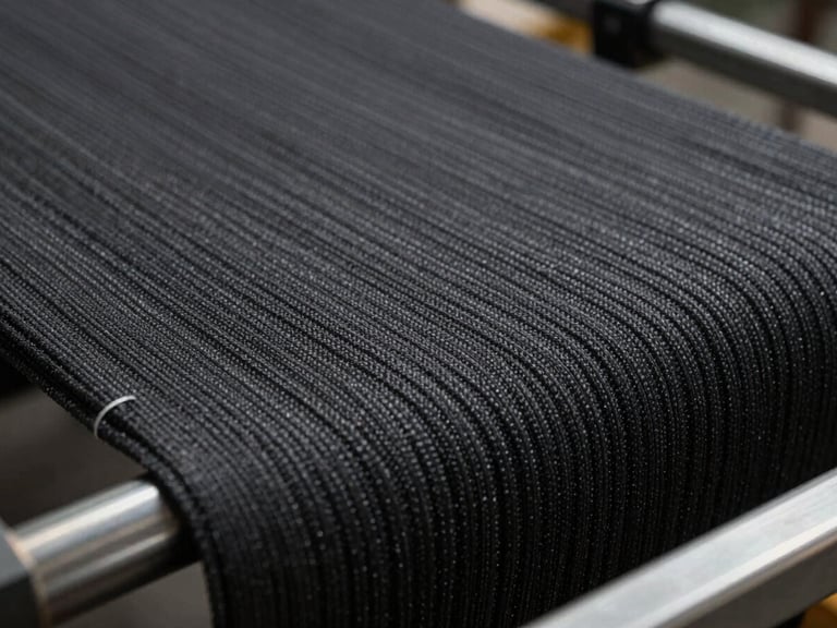 Extreme close-up of industrial textile fabric weave on a steel production frame, studio strobe light raking across the surface to reveal texture and thread structure, deep charcoal tones with sharp material detail