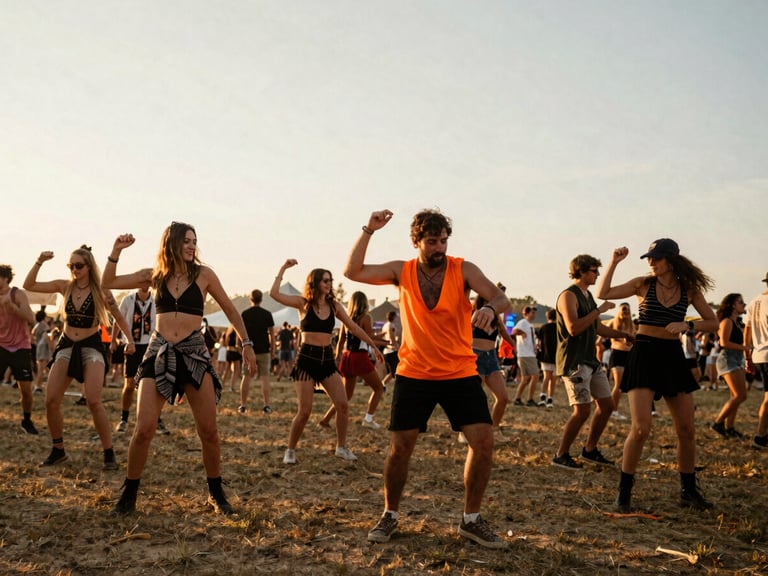 Candid wide-angle shot of a group of friends dancing at an outdoor electronic music festival, sunset light, warm earthy tones with vibrant orange accents, dynamic motion blur, 35mm film look.