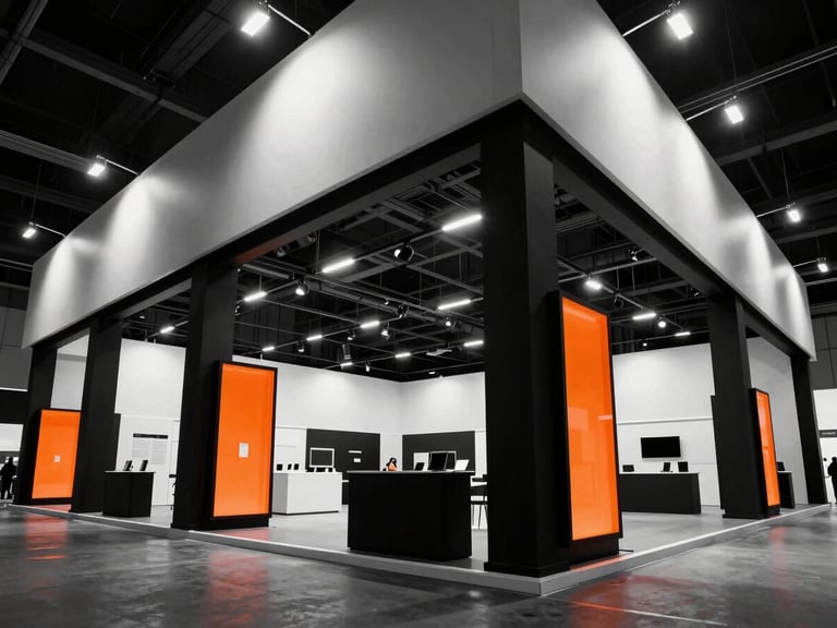 Dramatic wide-angle architectural photography of a high-contrast exhibition stand, sharp industrial-chic aesthetic, stark black and white structures with bright safety orange glowing elements under theatrical exhibition lighting, 35mm.