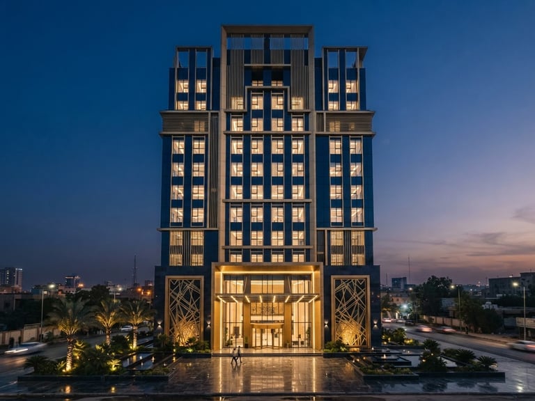 A premium corporate office facade in Baghdad, sharp architectural lighting, deep navy and brushed gold tones, clean composition, 35mm