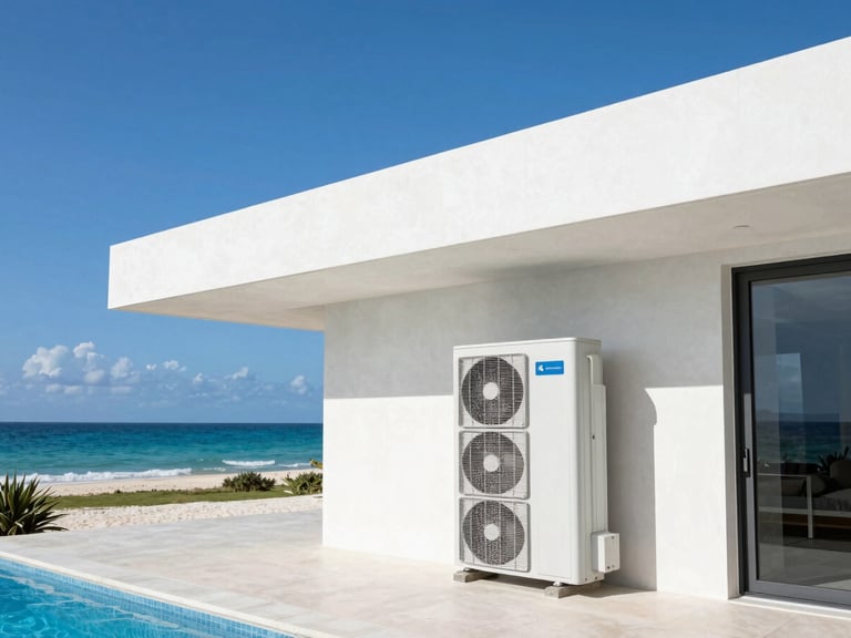 High-end architectural photography of a luxurious coastal villa in Riviera Maya, showcasing modern outdoor air conditioning units integrated seamlessly into clean concrete lines, bright daylight, sharp focus.