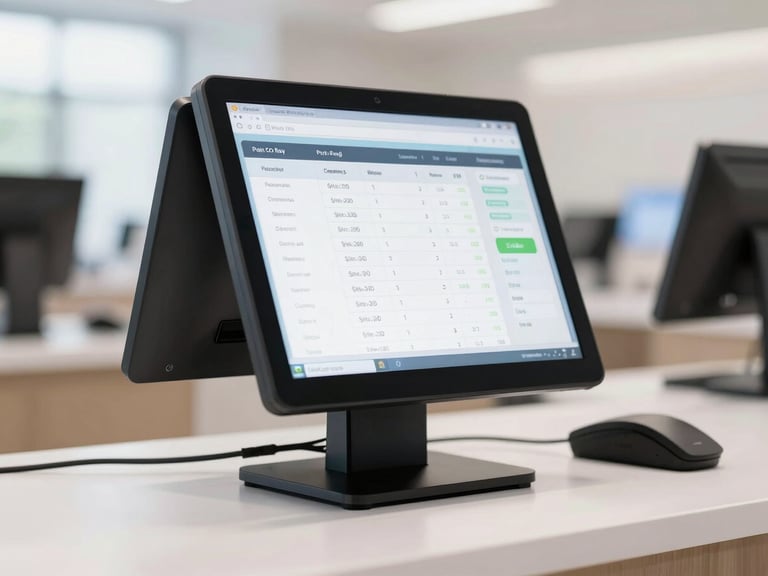 Modern point of sale terminal screen displaying clean sales charts on a retail counter, soft background blur, professional tech aesthetic