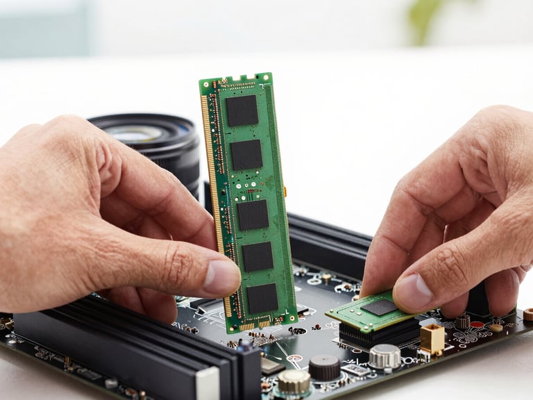 Close up of hands installing high-speed RAM memory into a clean computer motherboard, bright natural studio lighting, professional tech aesthetic