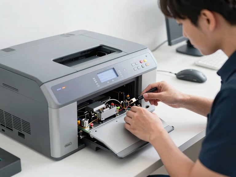 Professional technician repairing a laser printer mechanism on a clean white workbench, crisp details, bright natural studio light