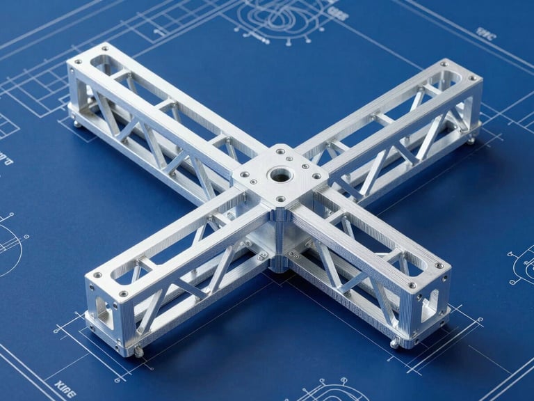 Orthographic engineering drawing of a complex steel truss connection, clean white lines on dark blue background, technical blueprint style.